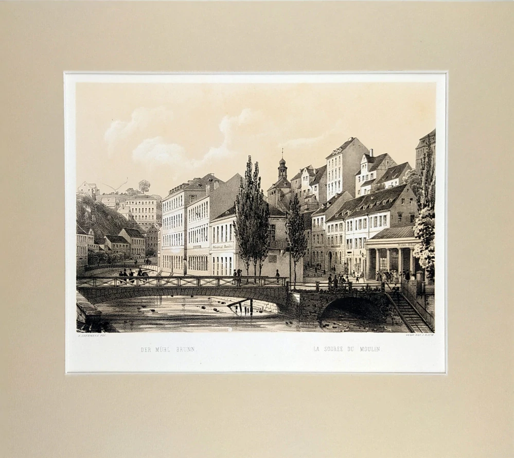 Karlovy Vary – Fr. X. Sandmann, původní tónovaná litografie s bar. podtiskem, 1850–1856