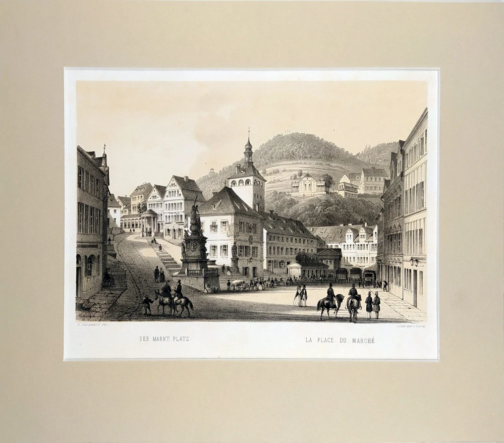 Karlovy Vary – Fr. X. Sandmann, původní tónovaná litografie s bar. podtiskem, 1850–1856