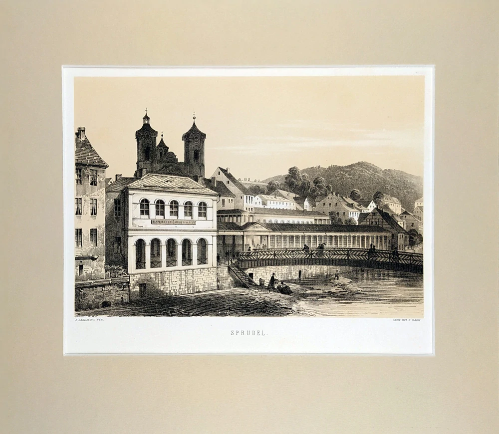 Karlovy Vary – Fr. X. Sandmann, původní tónovaná litografie s bar. podtiskem, 1850–1856