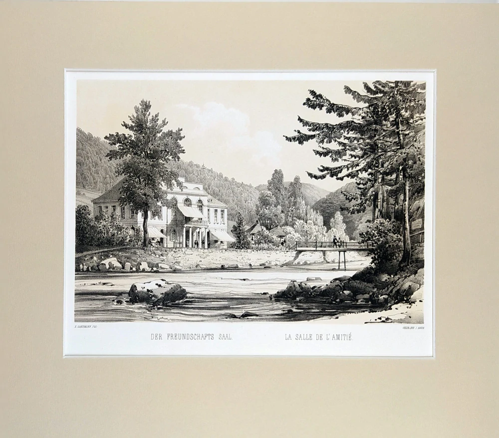 Karlovy Vary – Fr. X. Sandmann, původní tónovaná litografie s bar. podtiskem, 1850–1856