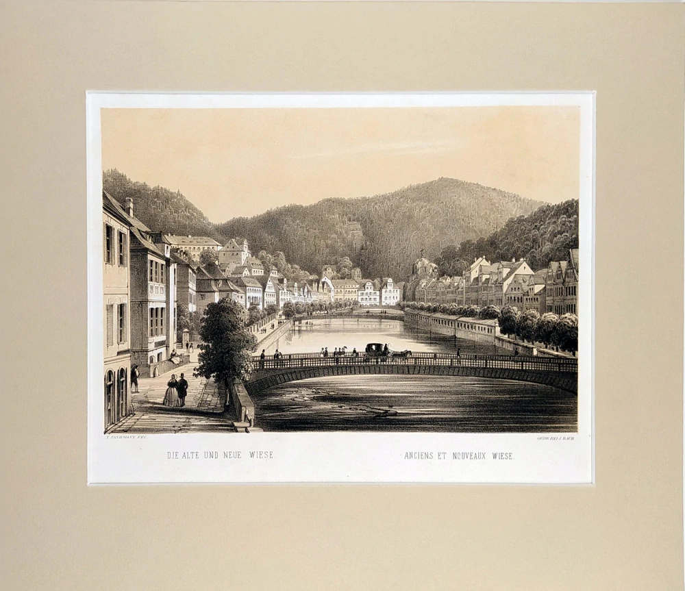Karlovy Vary – Fr. X. Sandmann, původní tónovaná litografie s bar. podtiskem, 1850–1856