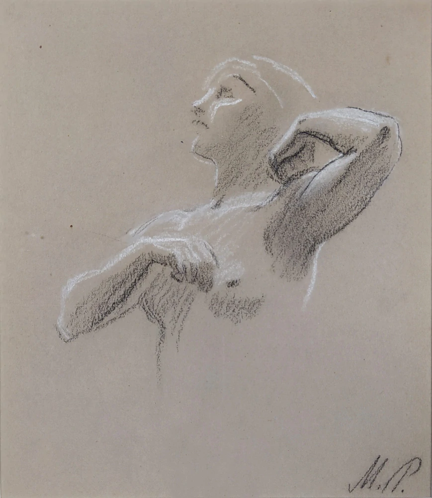 Pirner Maxmilián – Tanečnice, studie dívčího aktu, kresba uhlem a křídou, nedatováno