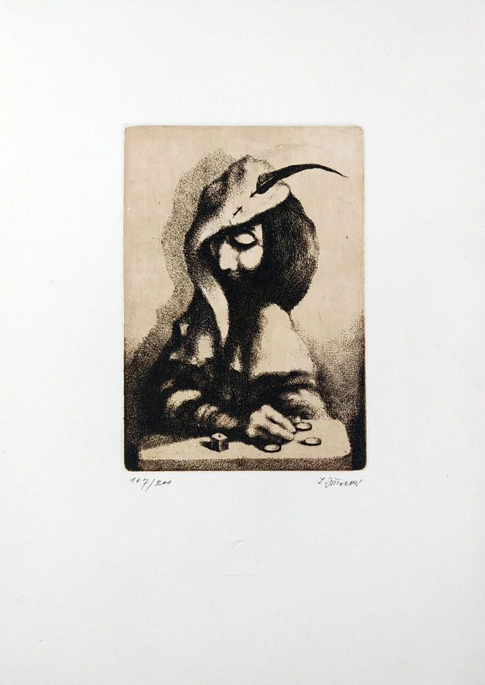 Jiřincová Ludmila – Villon s kostkami, původní lept, 1984