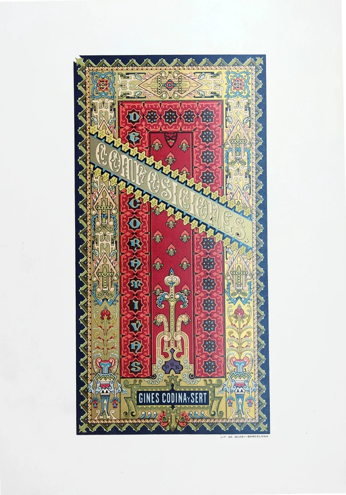 Ornamentální kompozice – Litografía de Blasi, dvě větší barevné chromolitografie, Barcelona, 1888