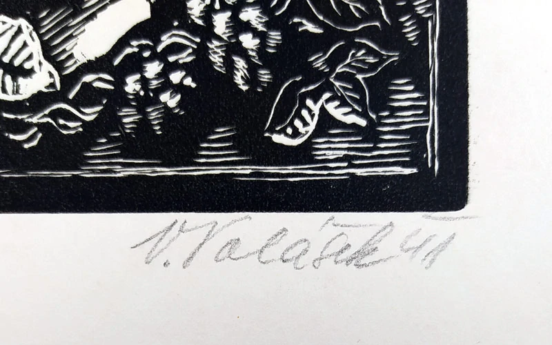 Polášek Viktor – Česání chmele, rozměrná grafika, původní dřevoryt, 1941