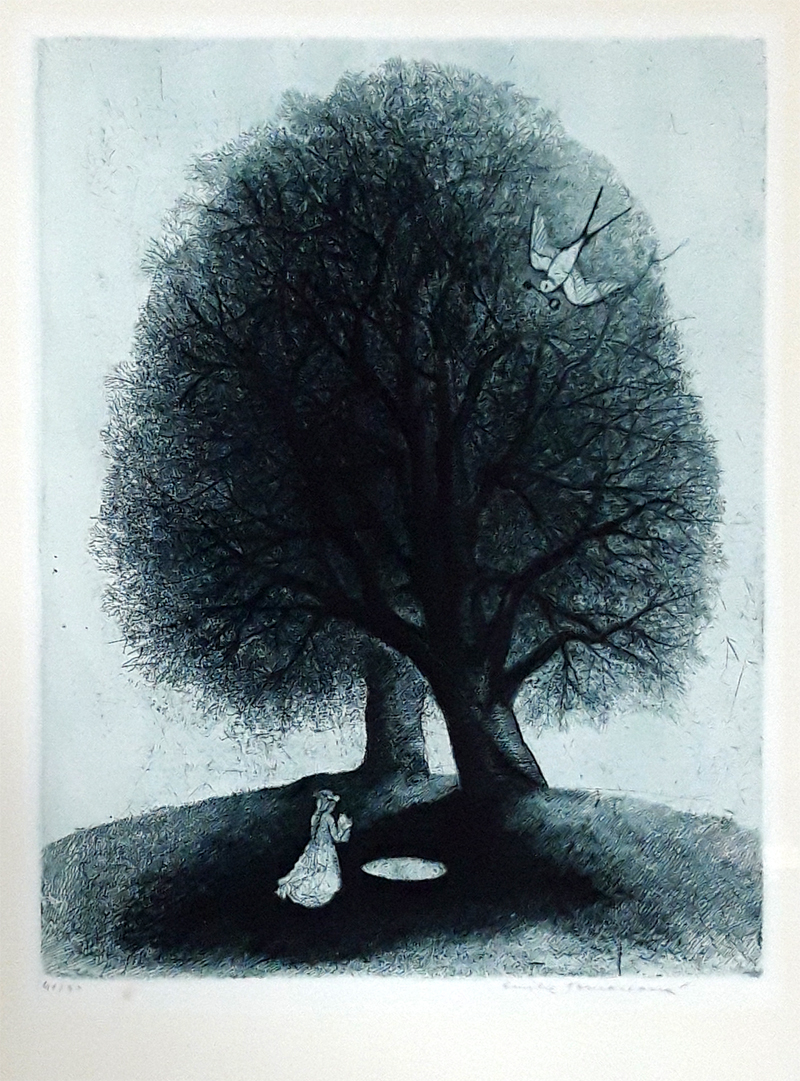 Tomanová Emilie – Dívka u studny, původní číslovaný lept, česká grafika, ca 1970