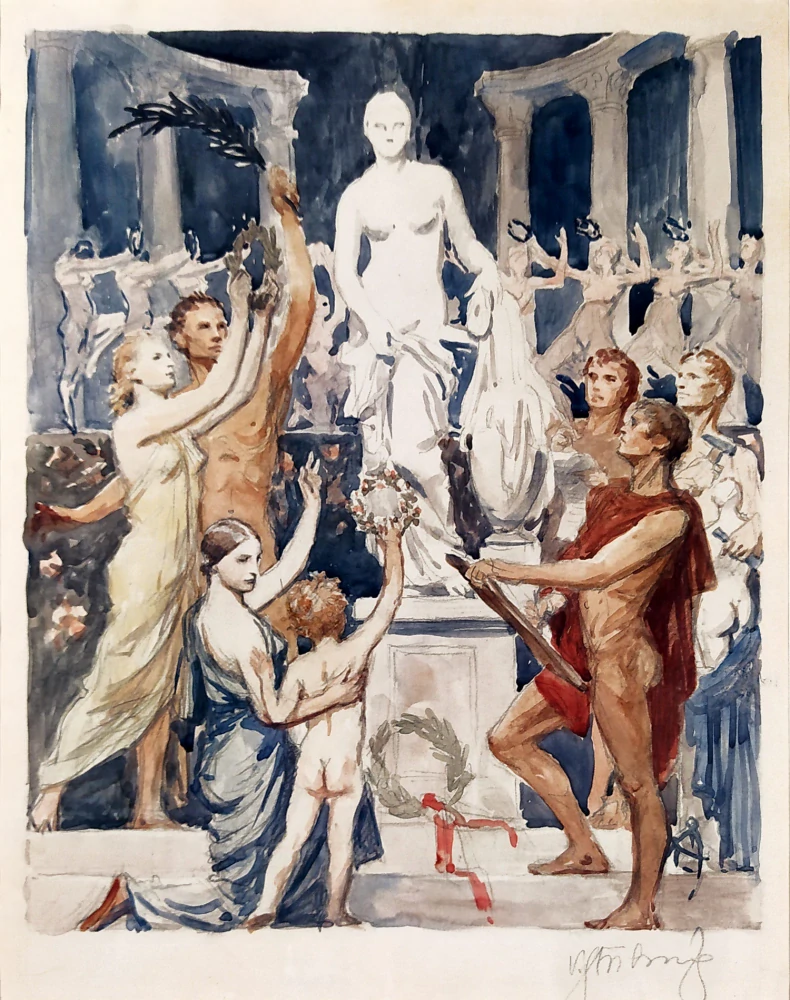 Stříbrný Vladimír – Sláva umění, malba akvarelem, nedatováno