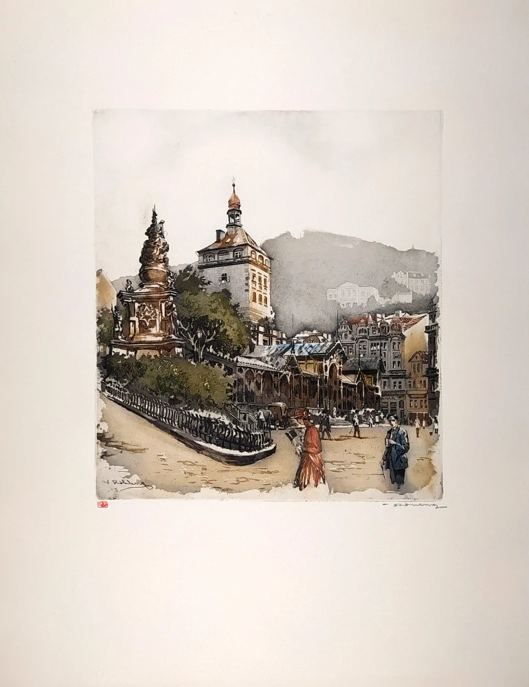 Röhling Vladislav – Zámecká věž a kolonáda v Karlových Varech, barevný lept, ca 1920–1930
