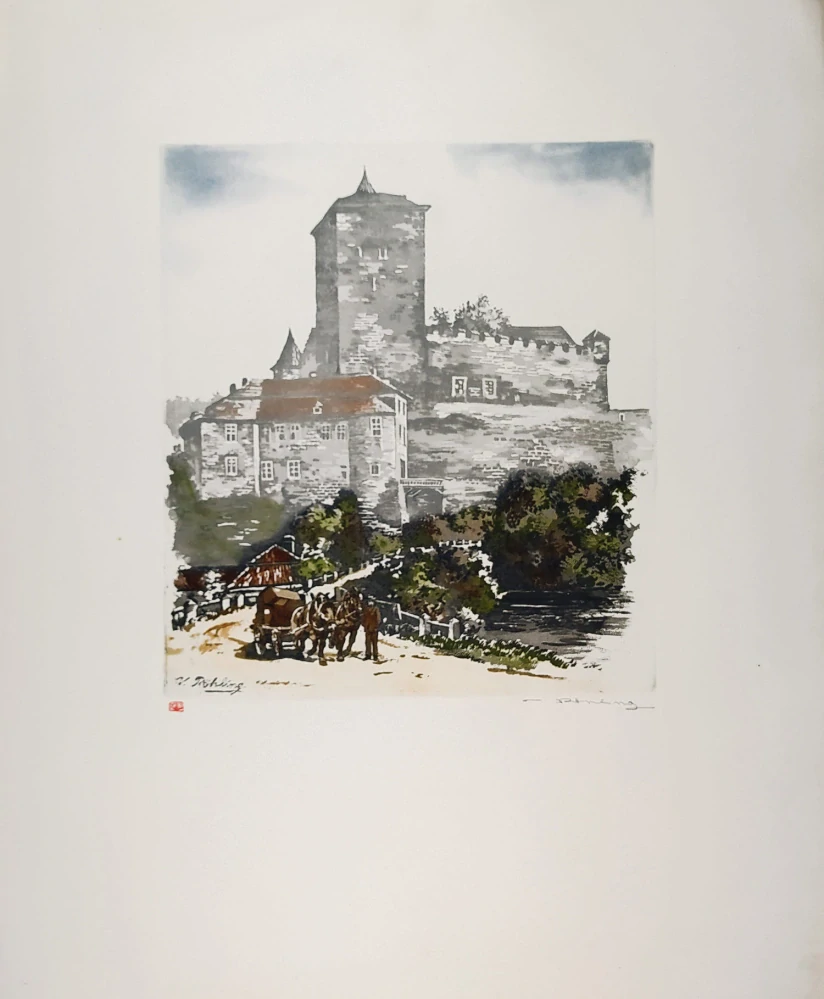 Röhling Vladislav – Hrad Kost, barevný lept, ca 1920