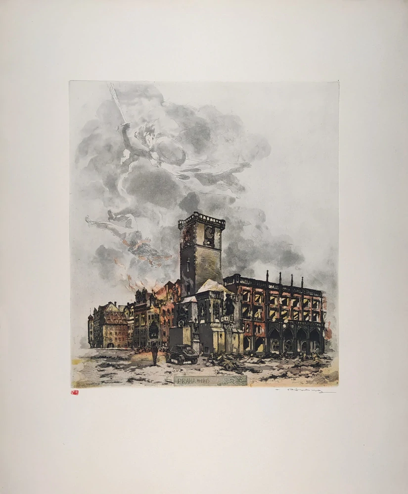 Röhling Vladislav – Praha, Staroměstská radnice, 9. května 1945, barevný lept, nedatováno