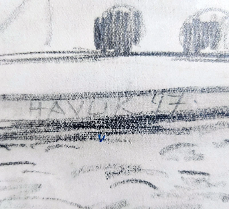 Havlík Jan – Paříž, lodě na Seině, raná tvorba, kresba tužkou, 1947