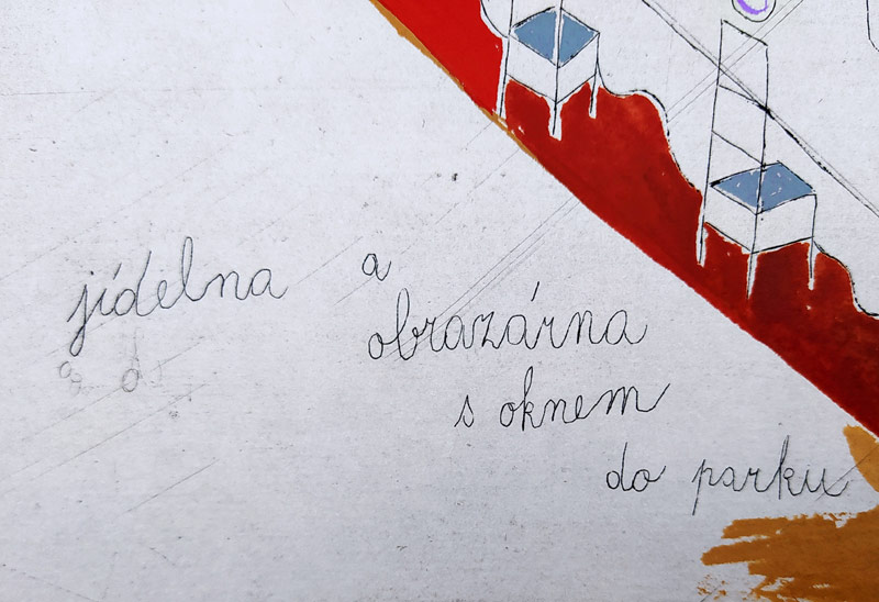 Černá Kateřina – Jídelna a obrazárna s oknem do parku, kolorovaný lept, nedatováno