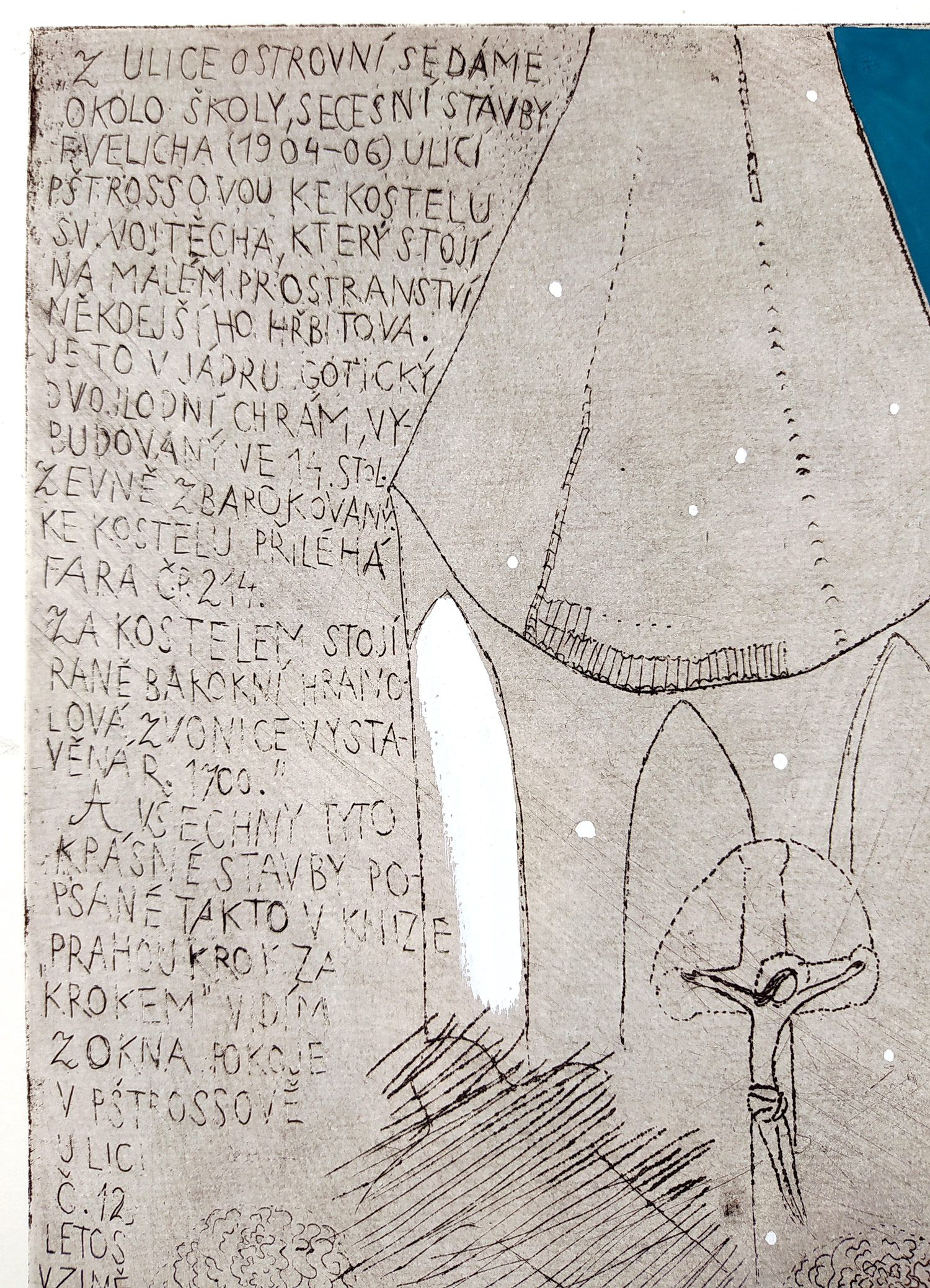 Černá Kateřina – Sv. Vojtěch, str. 18 pro knihu „Cesta za obrazy“, kolorovaný lept, č. 2/20, 1983–1989