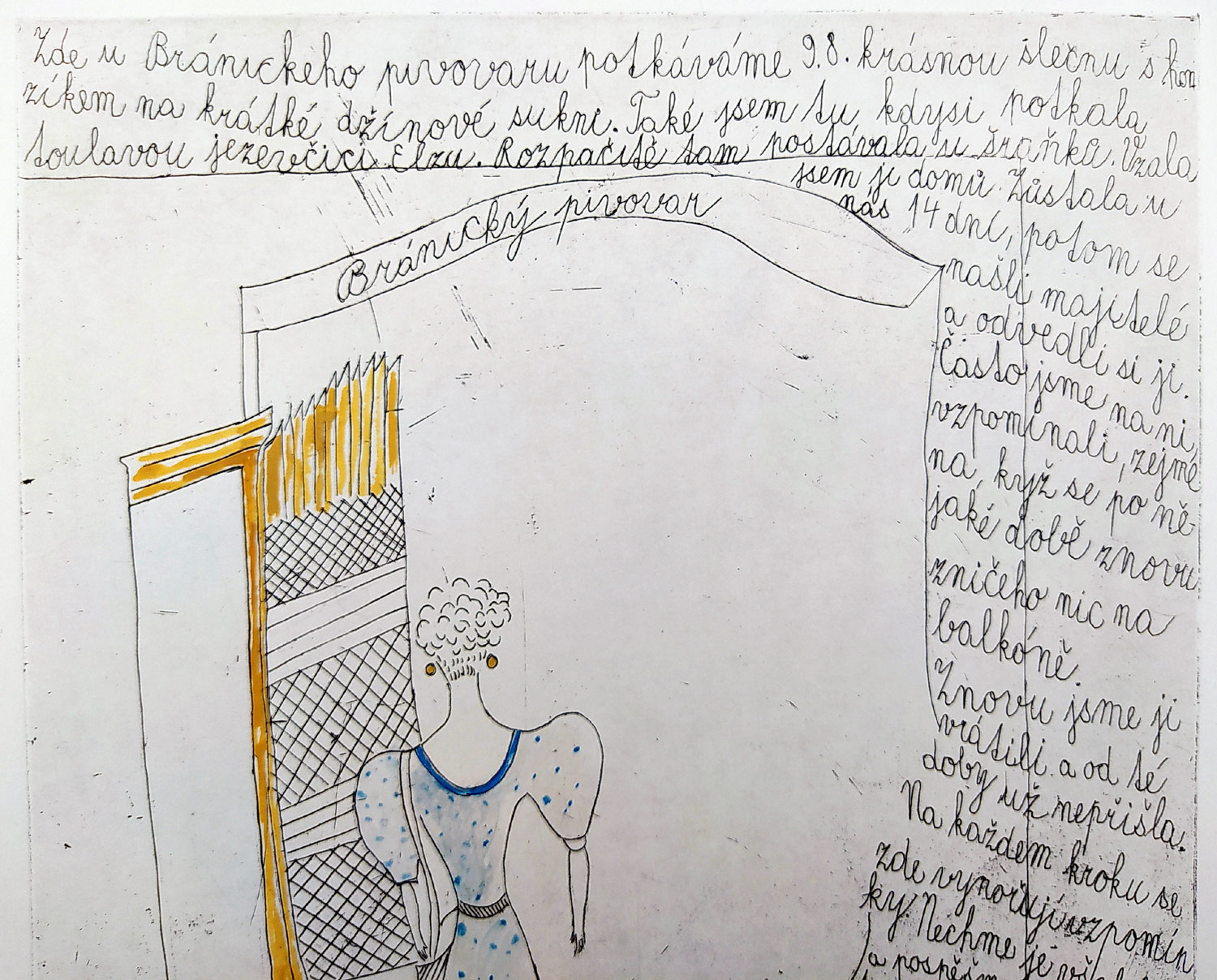 Černá Kateřina – Bránický pivovar, kolorovaný lept, autorský tisk, nedatováno