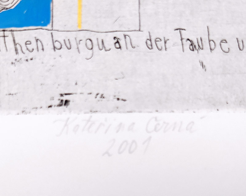 Černá Kateřina – Stěhování obrazů, obr. 5 pro knihu „Dodatky“, autorský tisk, kolorovaný lept, 2001