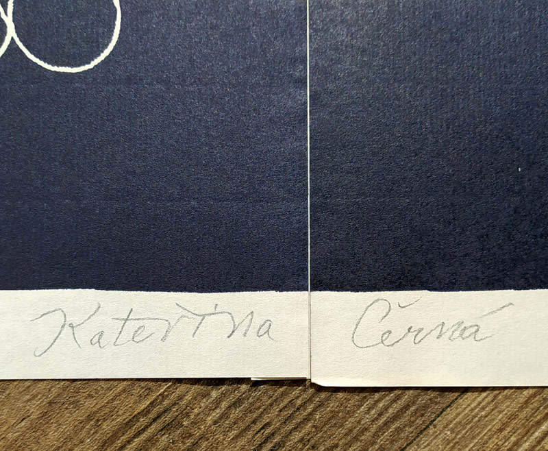 Černá Kateřina – Autobus Praha–Paříž, soulep 2 listů, barevný linoryt, 1995