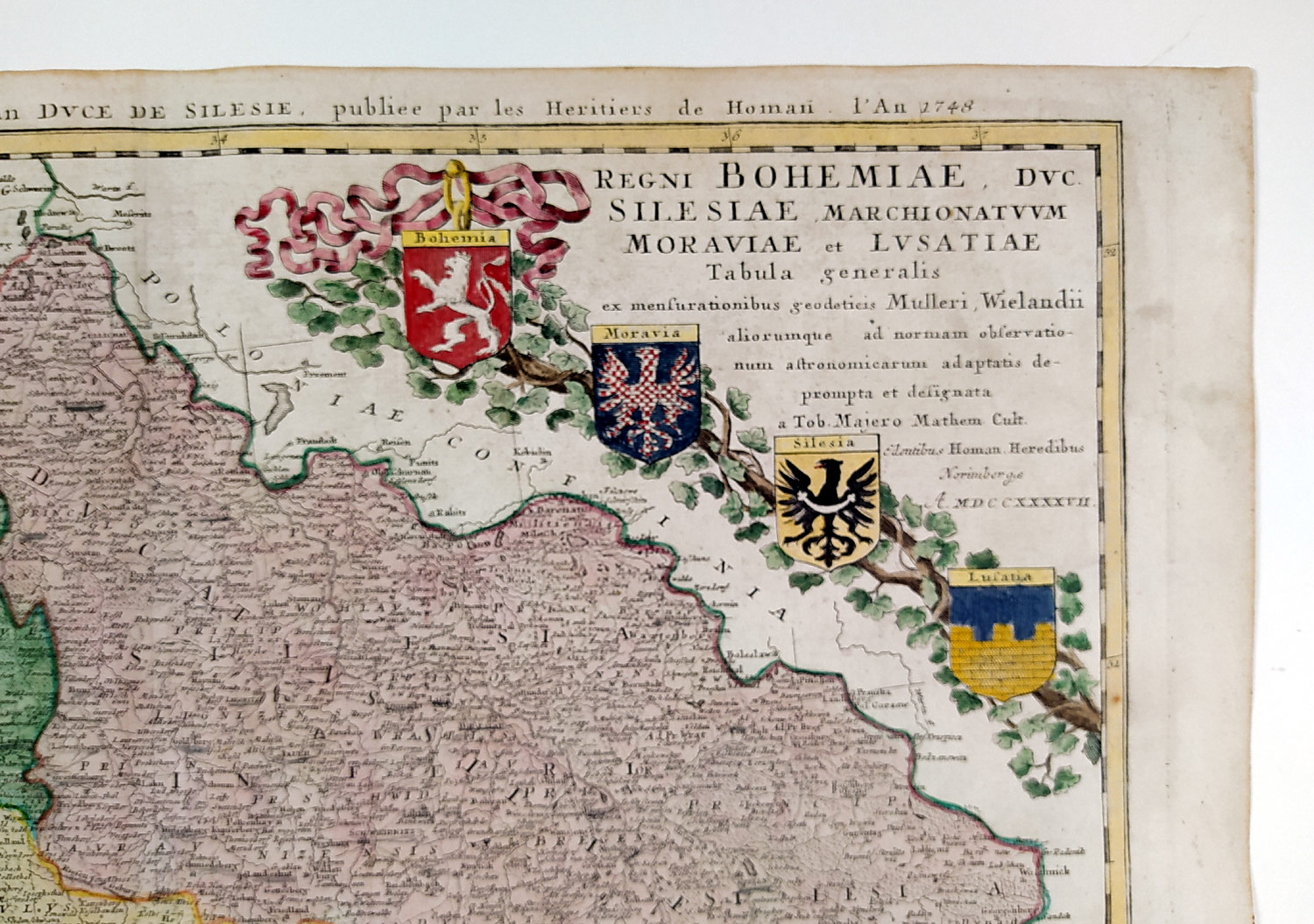 Čechy – Mapa Čechy, Morava, Slezsko a Lužice, Homannovi dědicové, staře kolorovaný původní mědiryt, 1748
