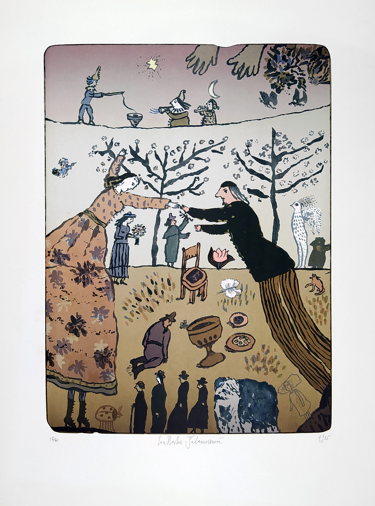 Šalamounová Eva Natus – Milenci, rozměrná barevná litografie s podtiskem, 1985