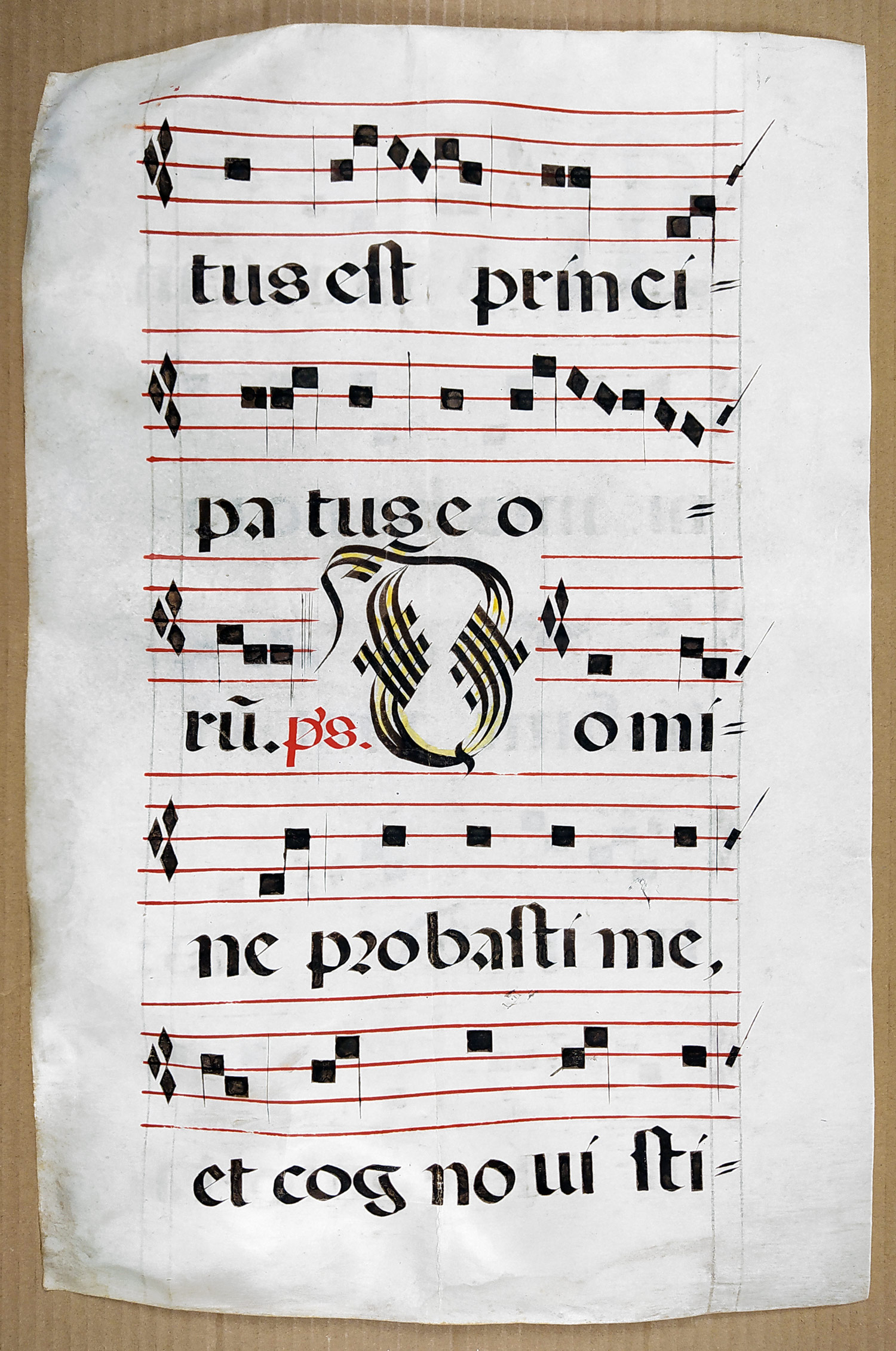 Antifonář – Notový záznam z liturgické knihy, oboustranná malba na pergamenu, kolem 1500