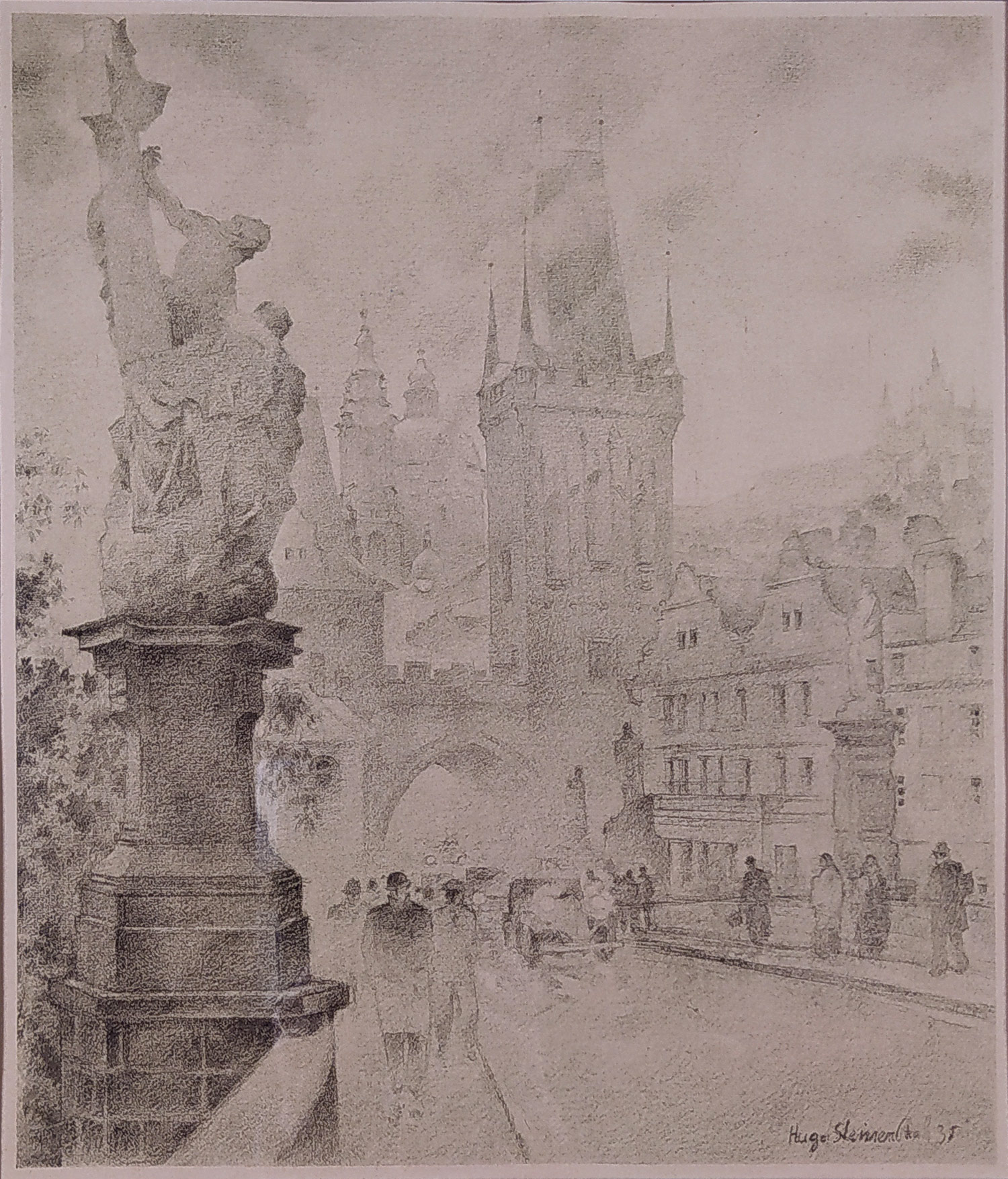 Steiner-Prag Hugo – Praha, Karlův most, v popředí sousoší svaté Luitgardy, původní litografie, 1935