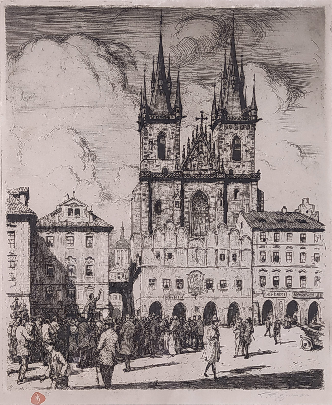 Šimon Tavík František – Staroměstské náměstí s Týnem, původní tónovaný lept, 1911