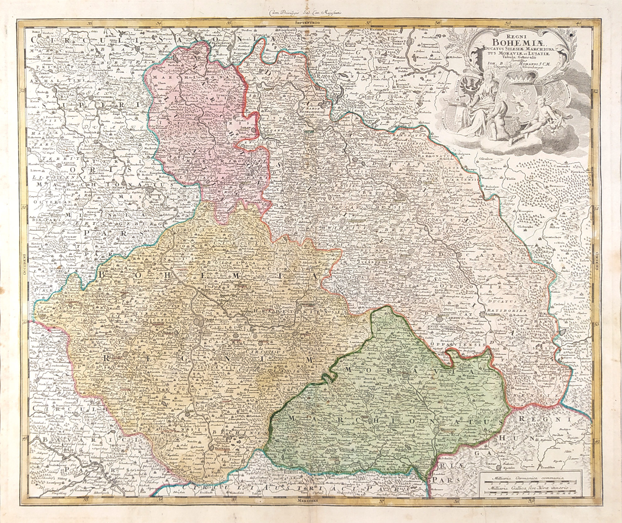  Čechy, Morava, Slezsko a Lužice – J. B. Homann, stará mapa Zemí koruny české, původní mědiryt, 1720