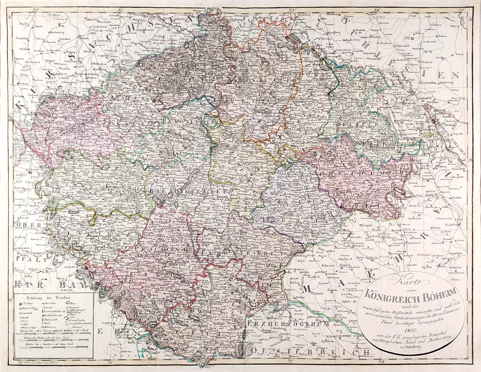  Čechy – Mapa království Českého, A. M. David, staře kolorovaný původní mědiryt, 1800