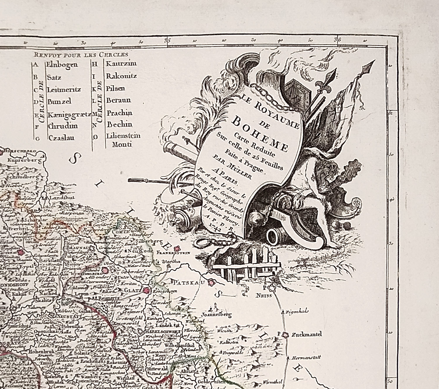  Čechy – Mapa království Českého, Le Rouge, staře kolorovaný původní mědiryt, 1742