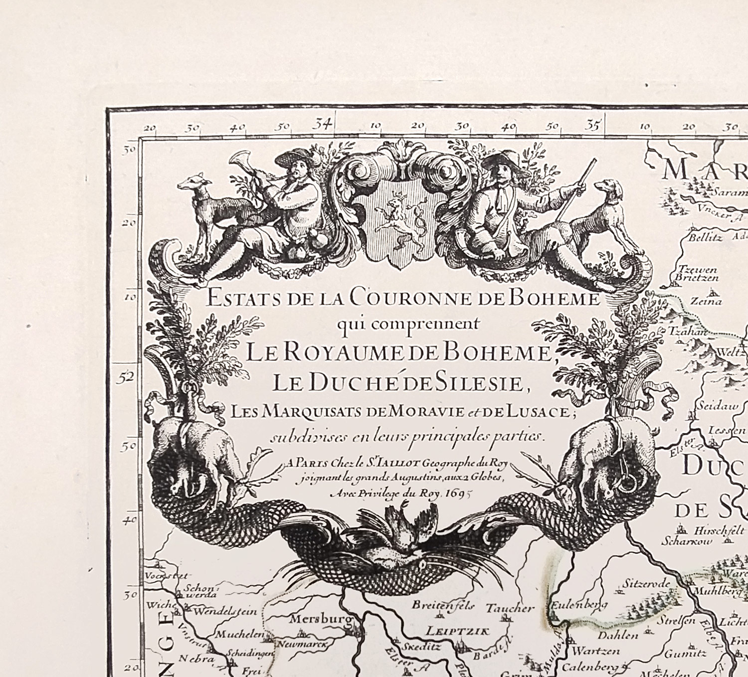  Čechy, Morava, Slezsko a Lužice – N. Sanson, staře kolorovaný původní mědiryt, 1695