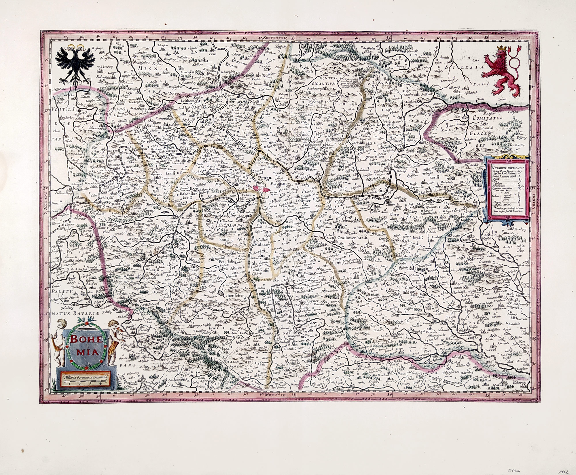 Čechy – Bohemia, W. J. Blaeu, staře kolorovaný původní mědiryt, 1630