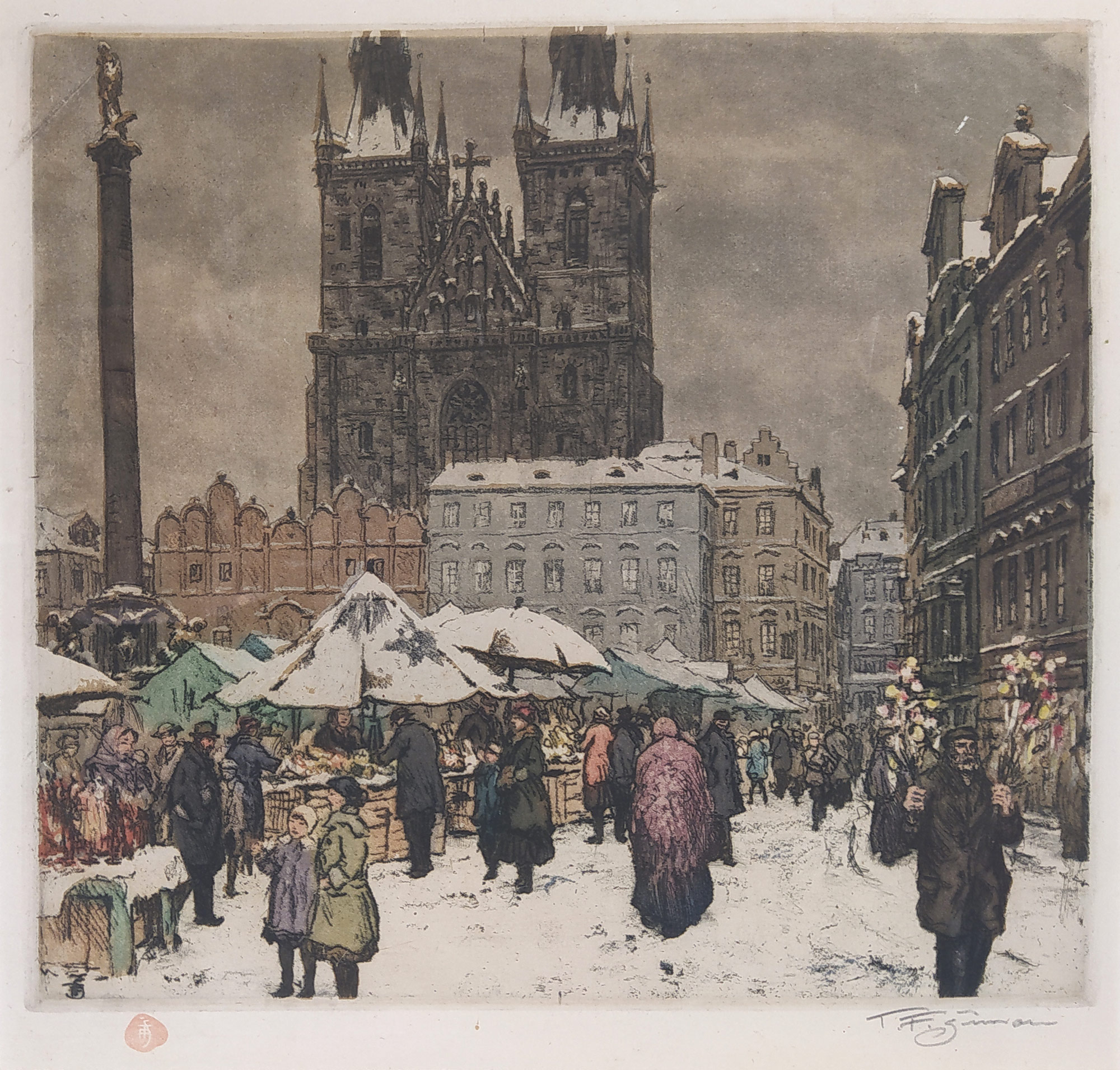 Šimon Tavík František – Mikulášský trn na Staroměstském náměstí, barevný lept, 1922