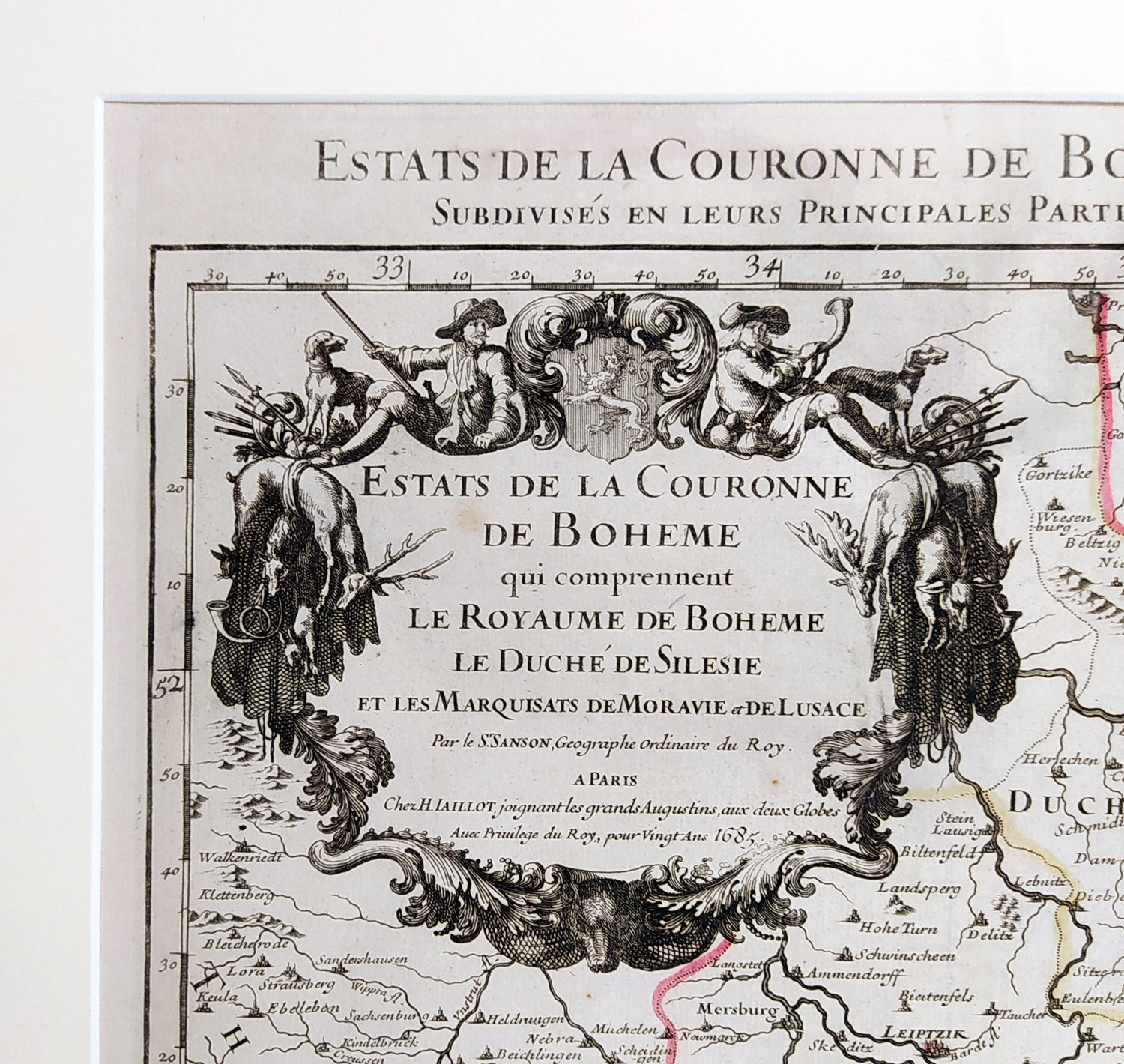 Čechy, Morava, Slezsko a Lužice – N. Sanson, staře kolorovaný původní mědiryt, 1685