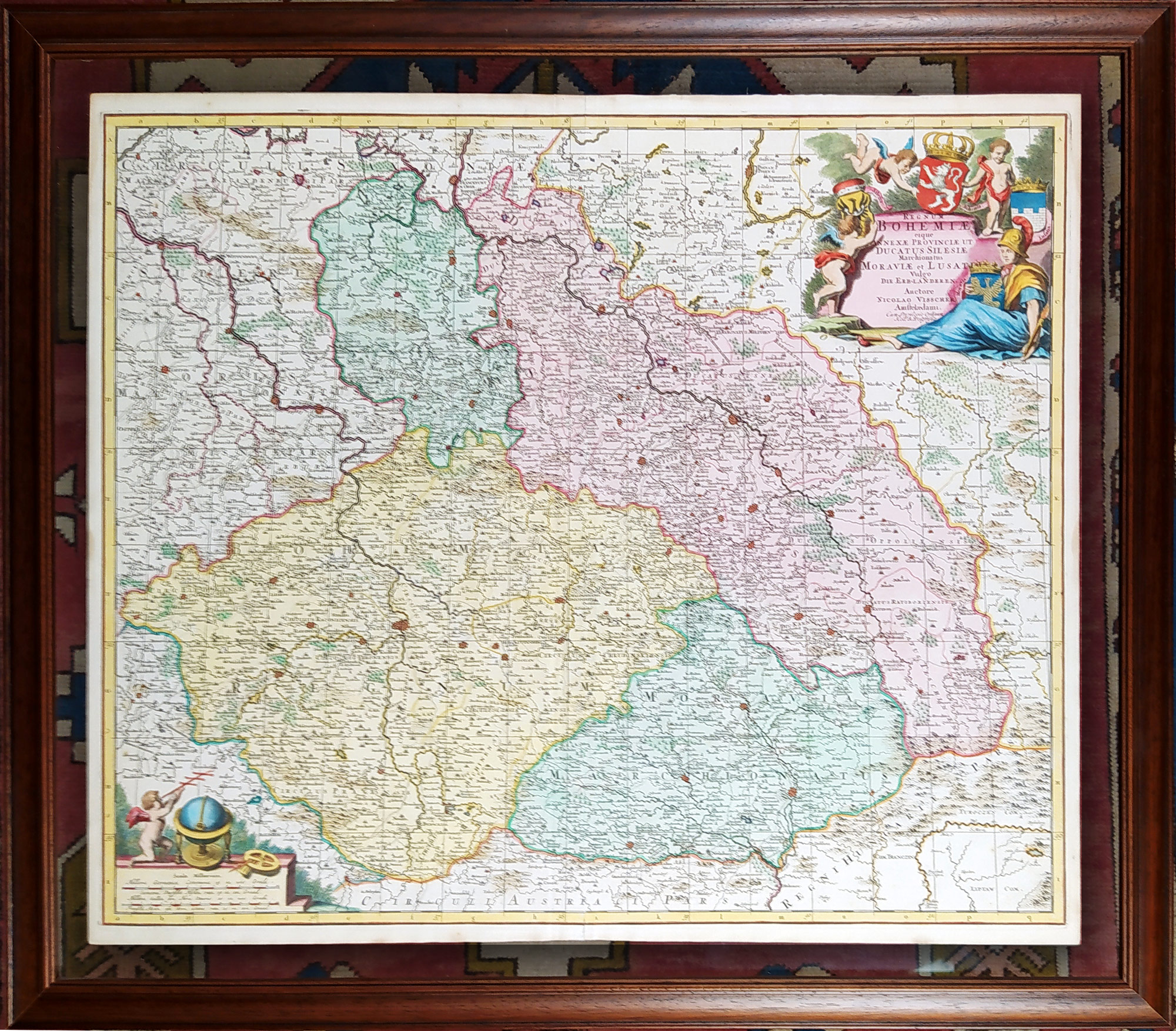  Čechy, Morava, Slezsko a Lužice – Nicolaes Visscher, staře kolorovaný původní mědiryt, 1680