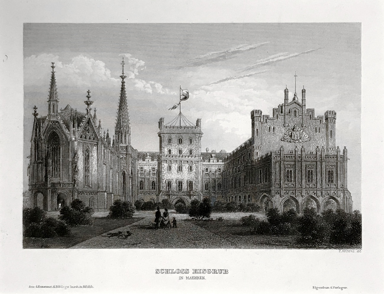 Lednice – pohled na zámek, původní oceloryt, veduta, ca 1850