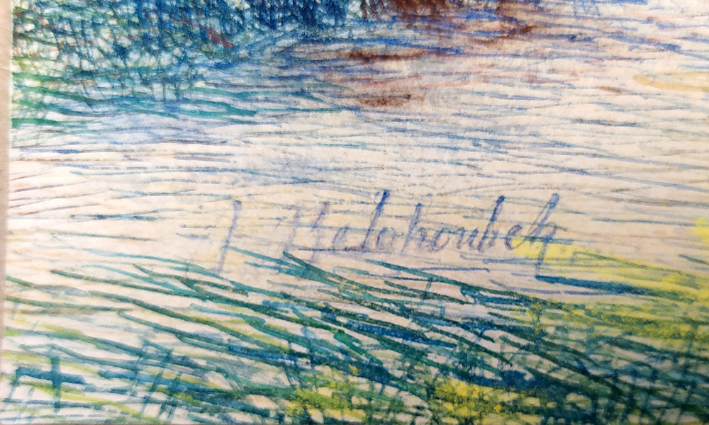 Bělohoubek Adolf – Kuželkáři, barevná perokresba, ca 1930