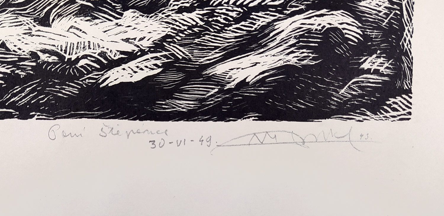 Pukl Vladimír – Francescovo jitro, původní dřevoryt, dedikace autora, 1943