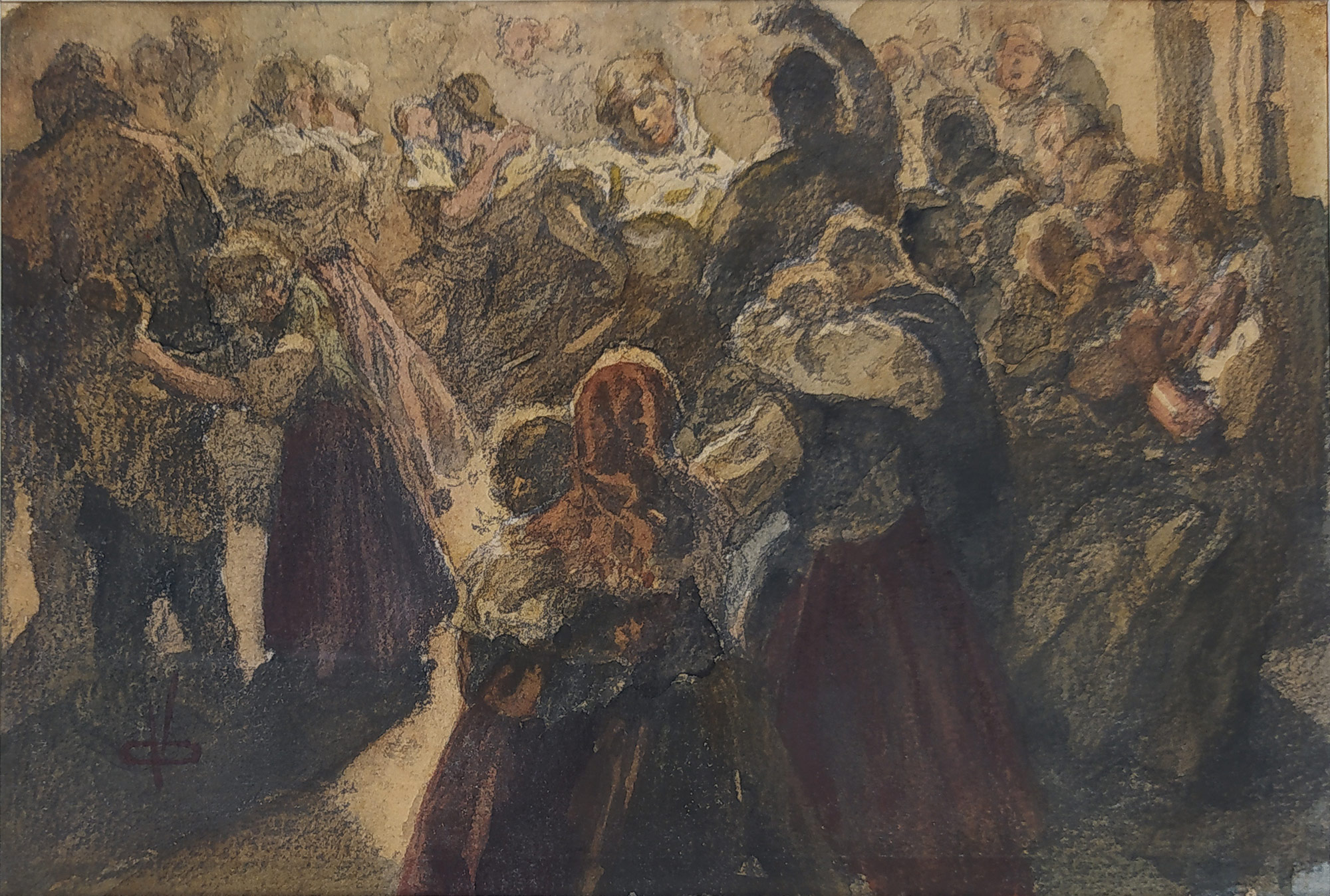 Oliva Viktor – U muziky, malba akvarelem, ca 1905