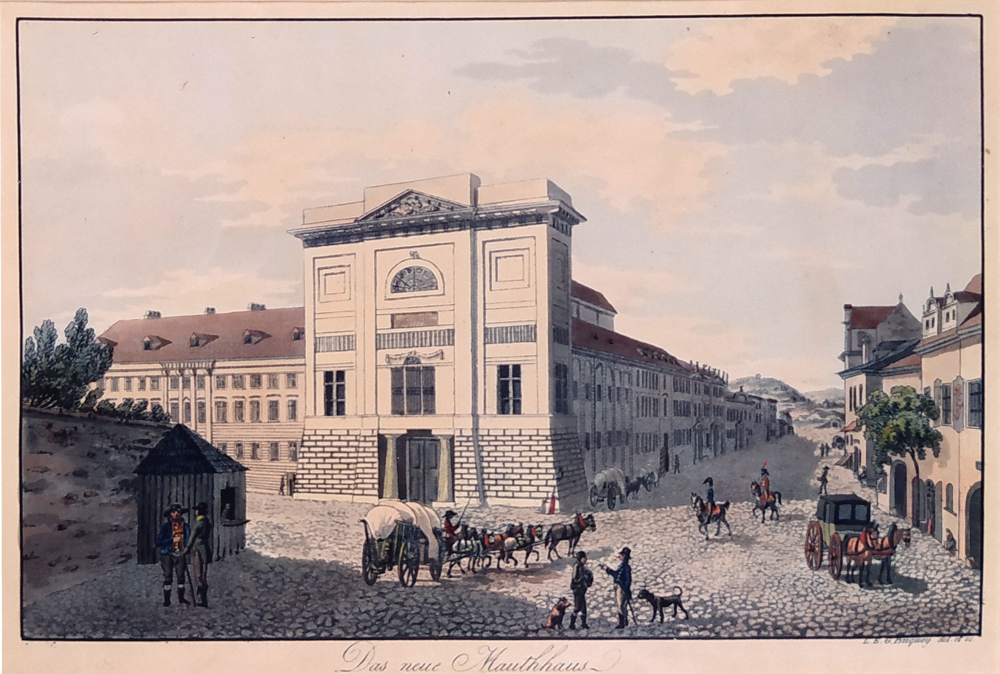 Praha – Dům U Hybernů, L. A. Buquoy, staře kolorovaná akvatinta, 1820