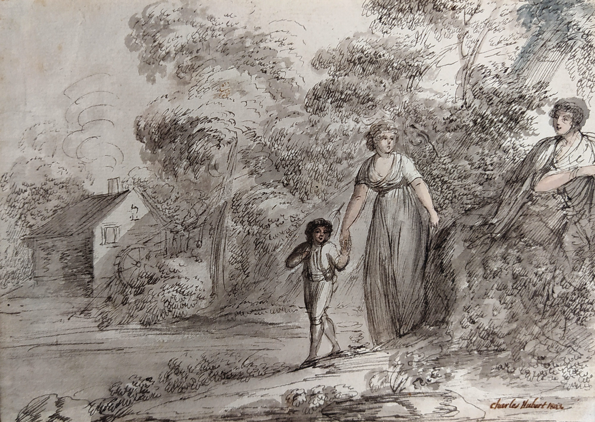 Hubert Charles – Cesta kolem mlýna, staře kolorovaná perokresba, 1803