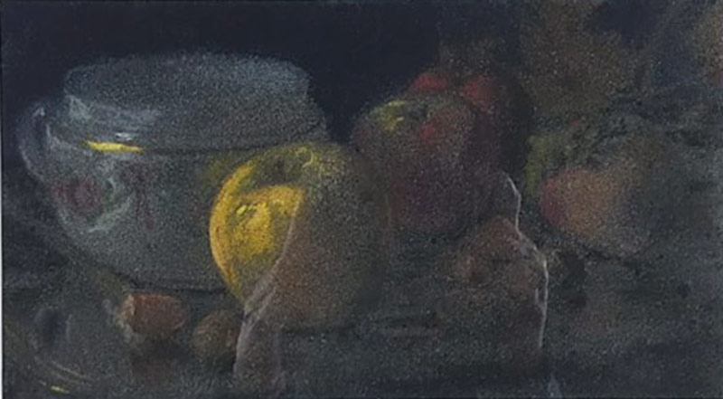 Kaucký Jiří – Kuchyňské zátiší, malba suchým pastelem na sametu, ca 1910
