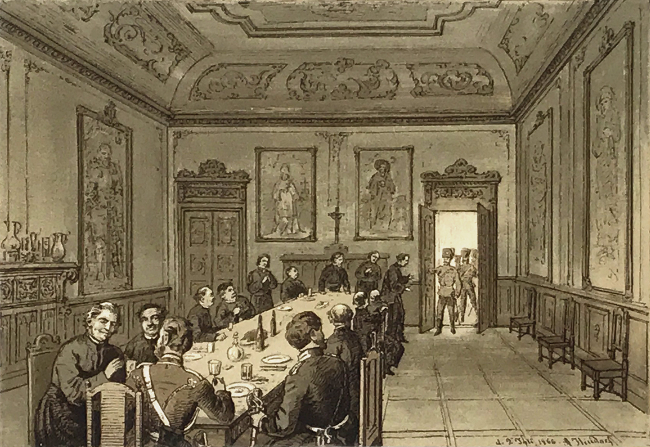 Kuks – klášter, prusko–rakouská válka 1866, barevná litografie, 1867