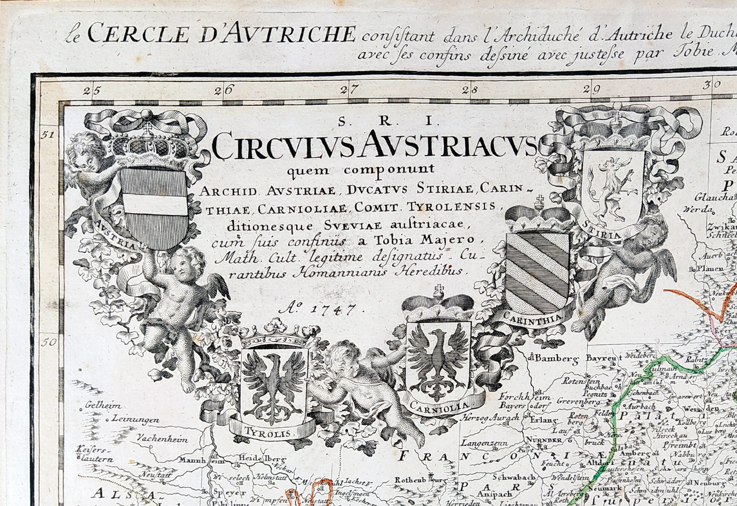 Mapa střední Evropy – Homannovi dědicové, staře kolorovaný mědiryt, 1747