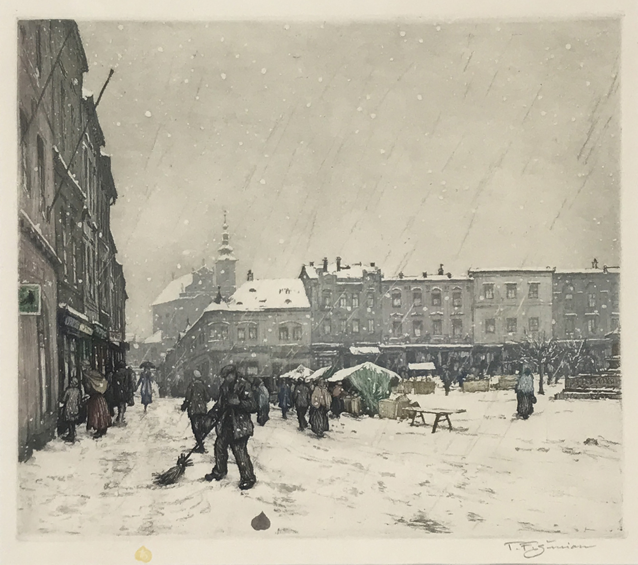 Šimon Tavík František – Náměstí v Kroměříži, česká grafika, barevný lept, 1925