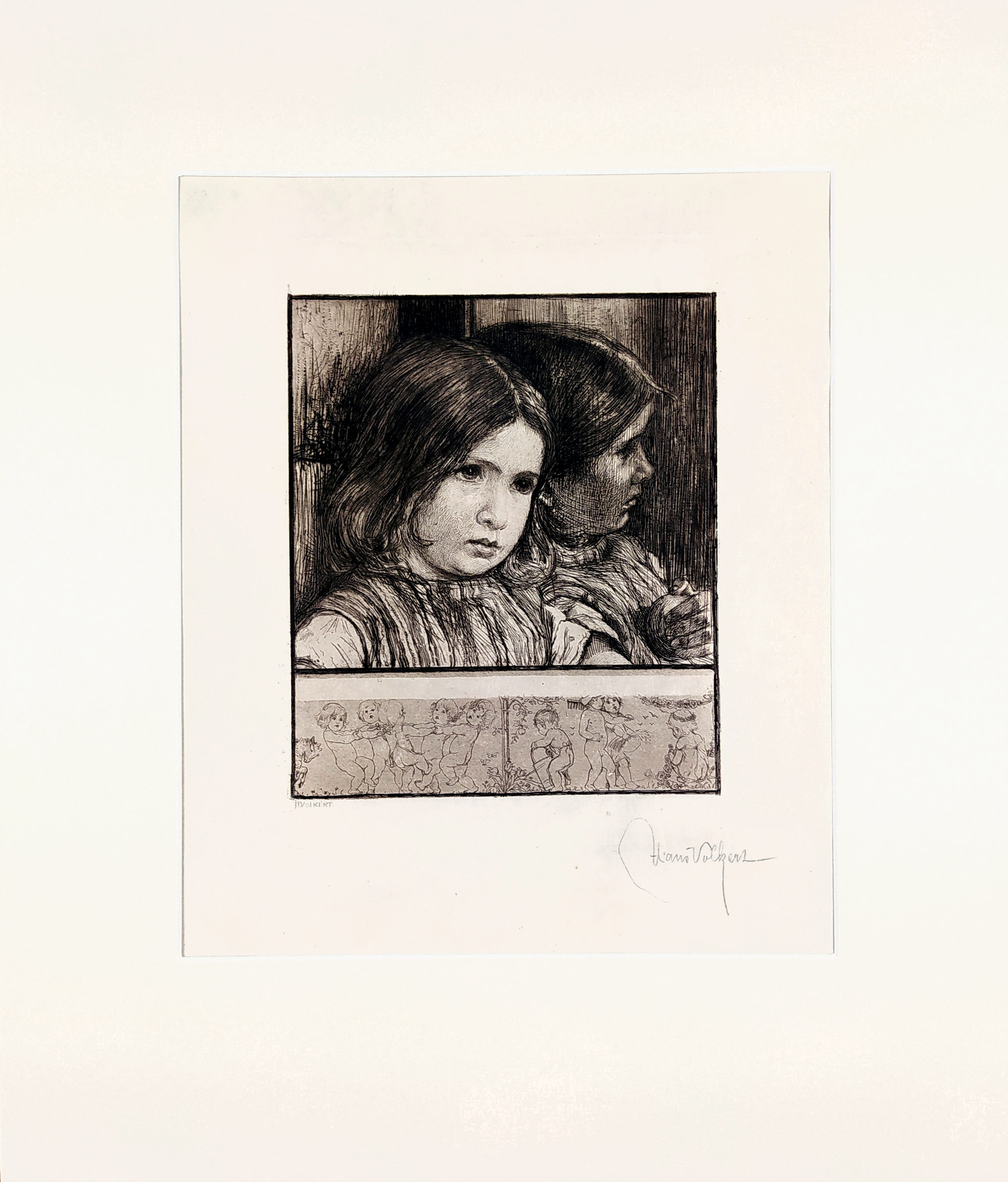 Volkert Hans – Dívenka u zrcadla, původní lept na japanu, ca 1910