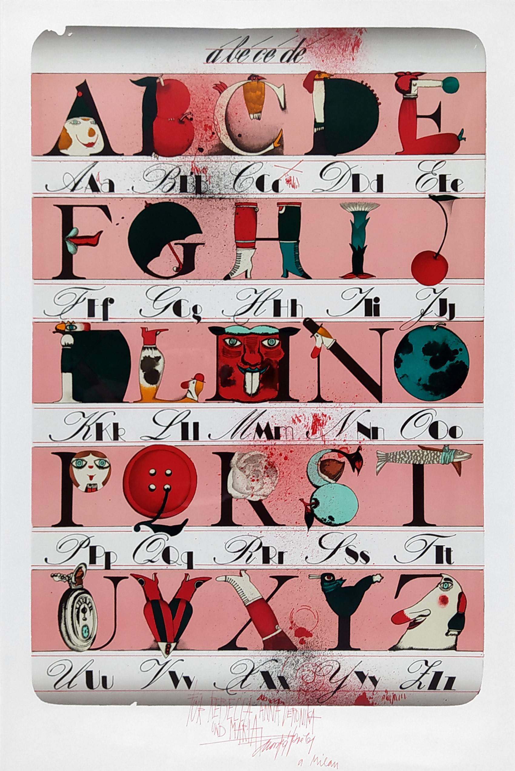 Pacovská Květa – Veselá abeceda, velkoformátová barevná litografie s dedikací, ca 1980