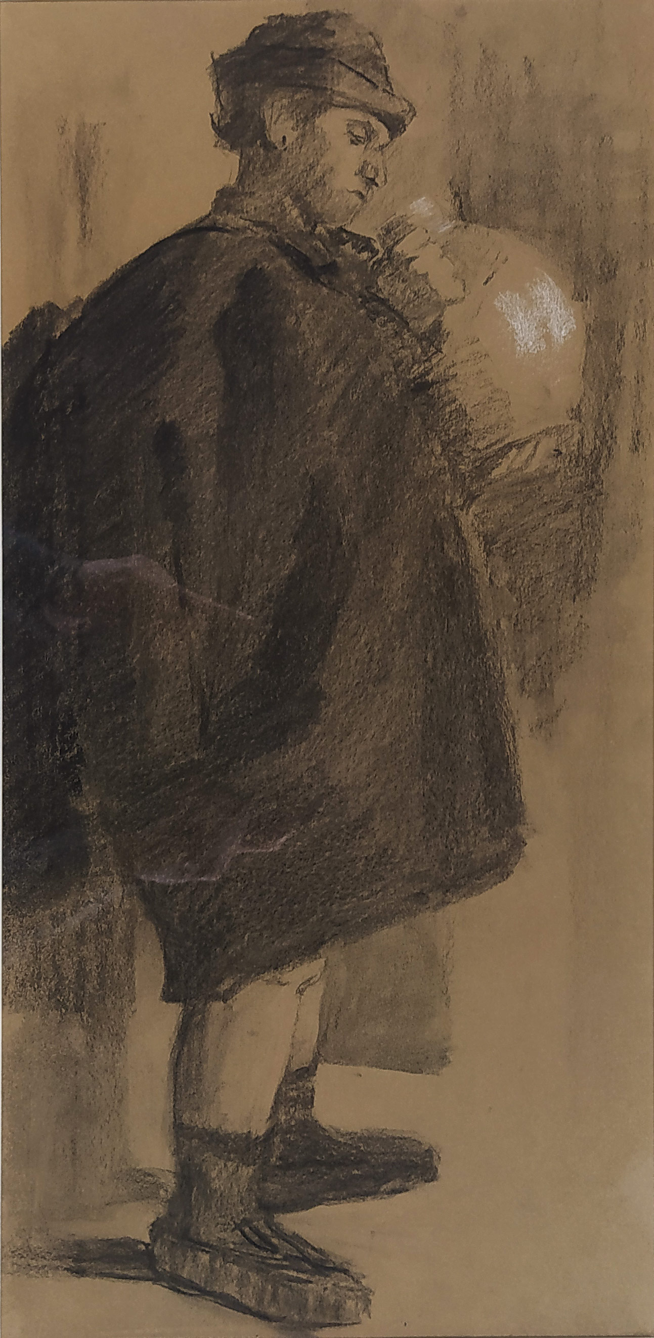 Studie muže se džbánem – neurčený autor, kresba tužkou, secesní rám, ca 1900