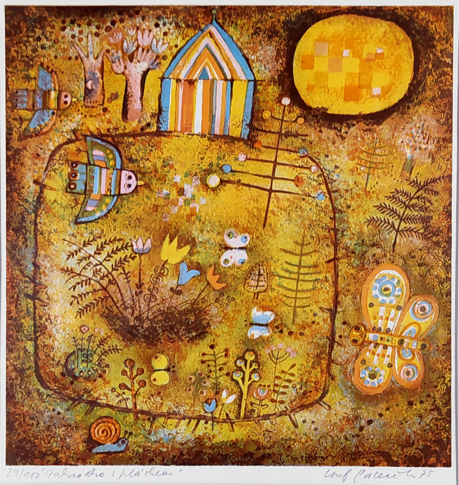 Paleček Josef – Zahrádka s ptáčkem, původní barevná litografie, 1975