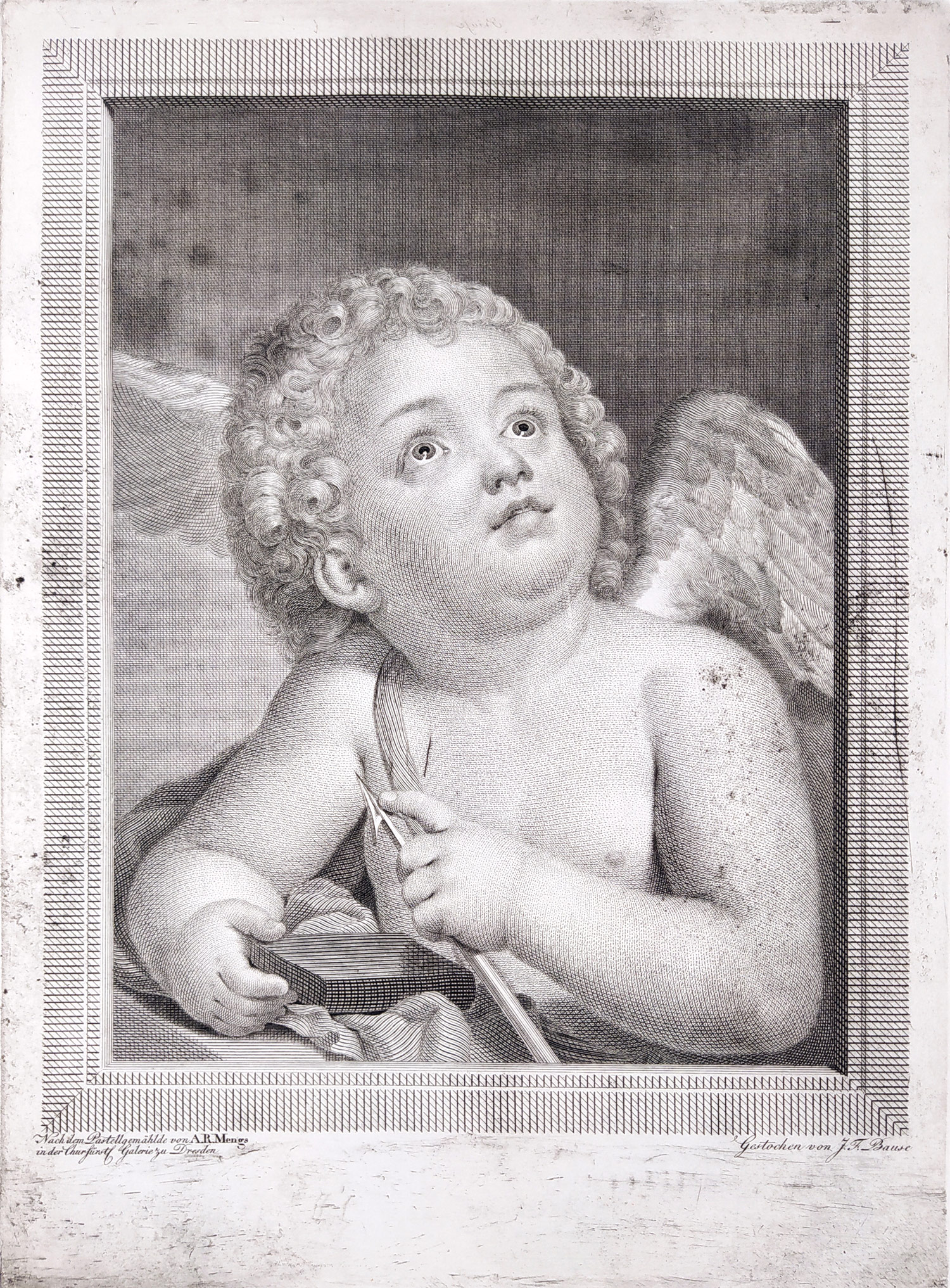 Amor pociťuje hrot šípu – Mengs A. R., Bause J. F., mědiryt, 1799, pozdější otisk z původní desky