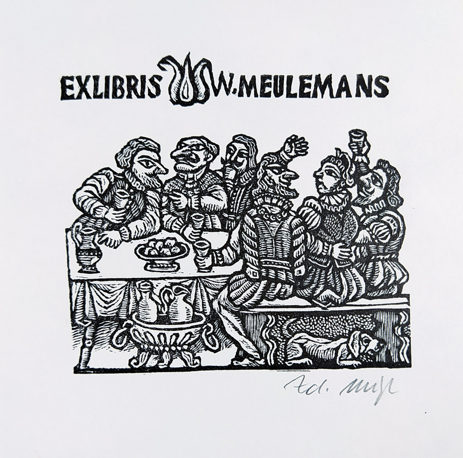 Mézl Zdeněk – 13× Ex libris W. Meulemans + kniha, původní dřevoryty, nedatováno