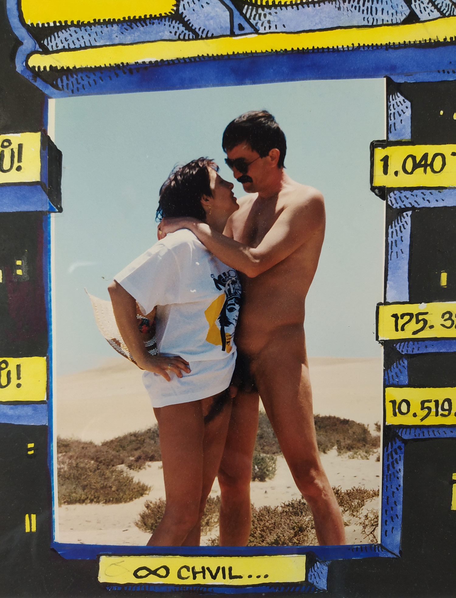 Saudek Kája – Renáta & Richard Knotovi, 20 let, akvarelem kolorovaná kresba tuší s fotografií, 1997